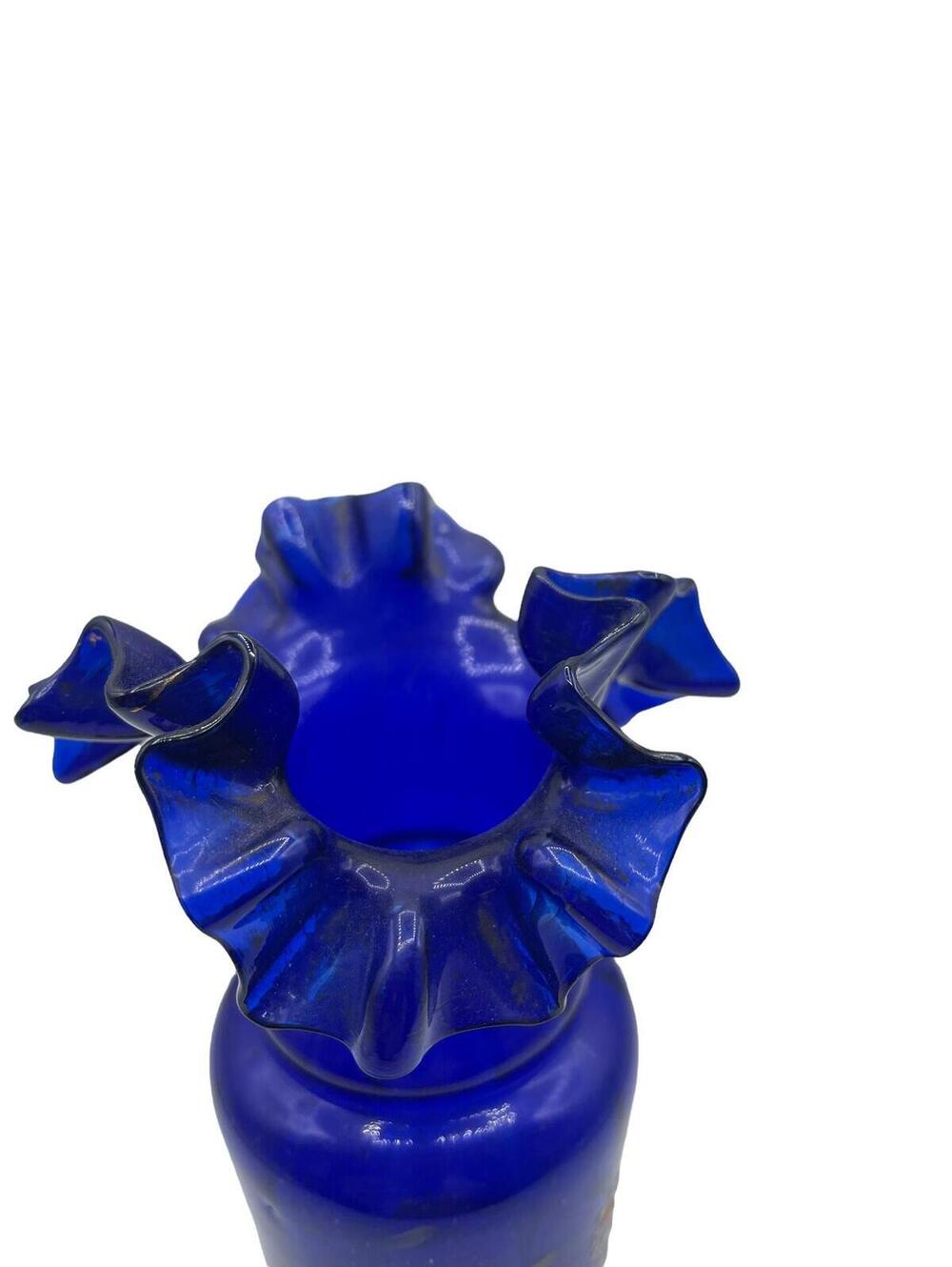 Vintage Cobalt Blue Glass Vase: Hand-Painted Flowers, Ruffle Rim - Picture 6 of 9